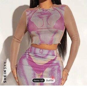 SHEIN SXY Pink and Tan Sheer Set (Crop Top - SKIRT INCLUDED!!!)